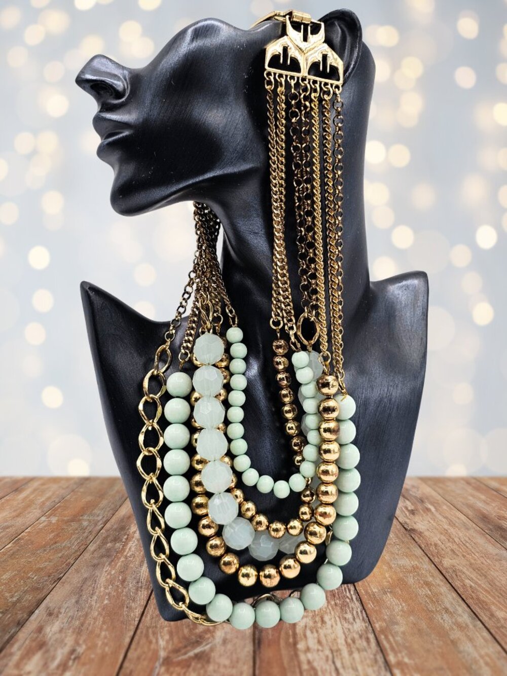 Mint Green Multi Strand Statement Necklace Gold Tone Layered Beaded Bib